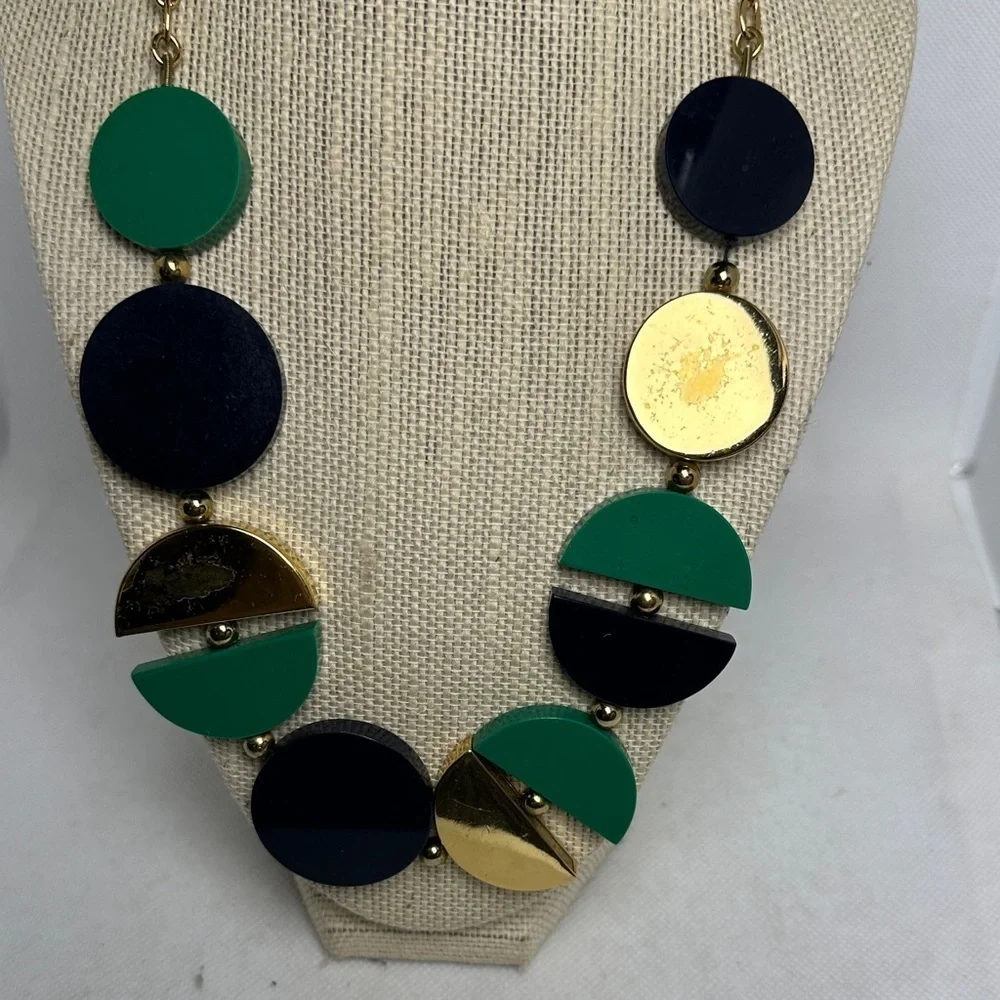 Kate Spade New York Green Navy & Gold Geometric Disc Statement Necklace 22”